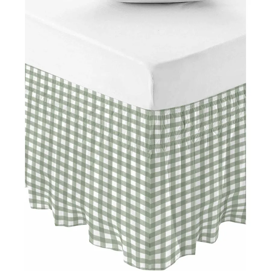 

Sage Green Buffalo Plaid Bed Skirt King Size 18 Inch Drop Adjustable Elastic Bedskirt Dust Ruffle for King Size Bed in Farmhous