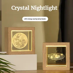 Creative Solar System Crystal Night Light Square Wood Carving Bedside Lamp Girlfriend Child Christmas Gift Bedroom Decoration