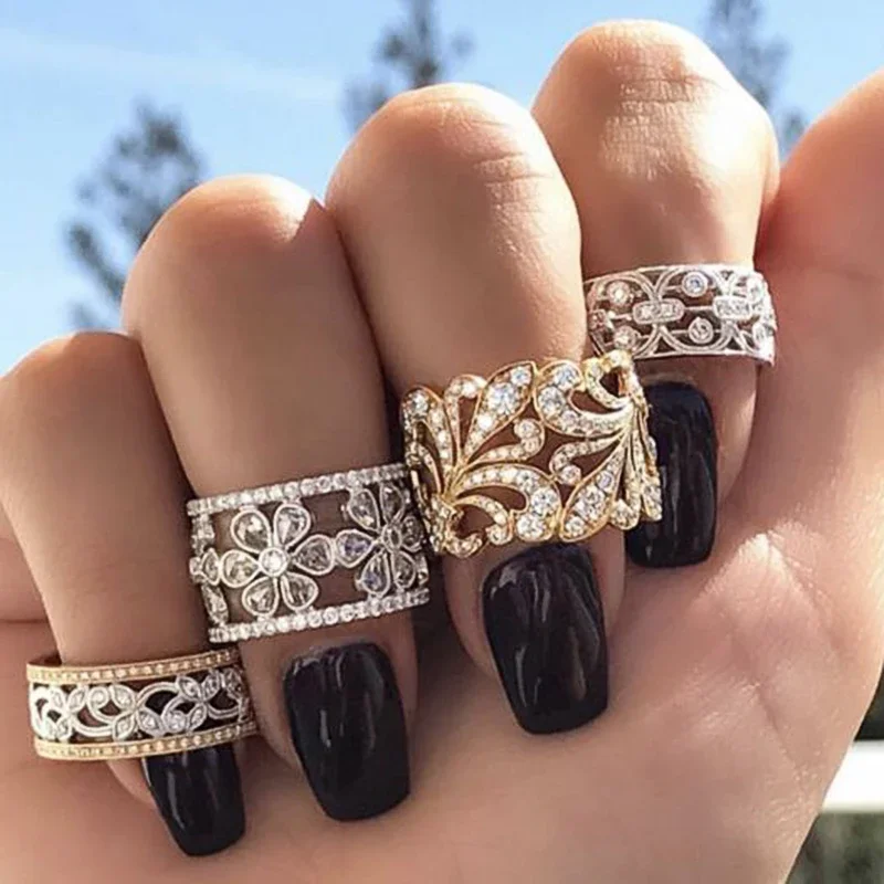 Huitan 2025 новые великолепные женские кольца с эстетическим ажурным узором и сверкающим фианитом, роскошные модные женские украшения для свадебной вечеринки