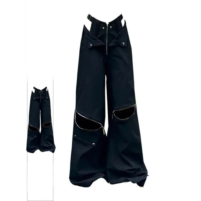 Y2k Fairycore Hollow Out Zipper Sexy High Waist Women Pants Chic Fashion All Match Harajuku Drawstring Wide Leg Trousers