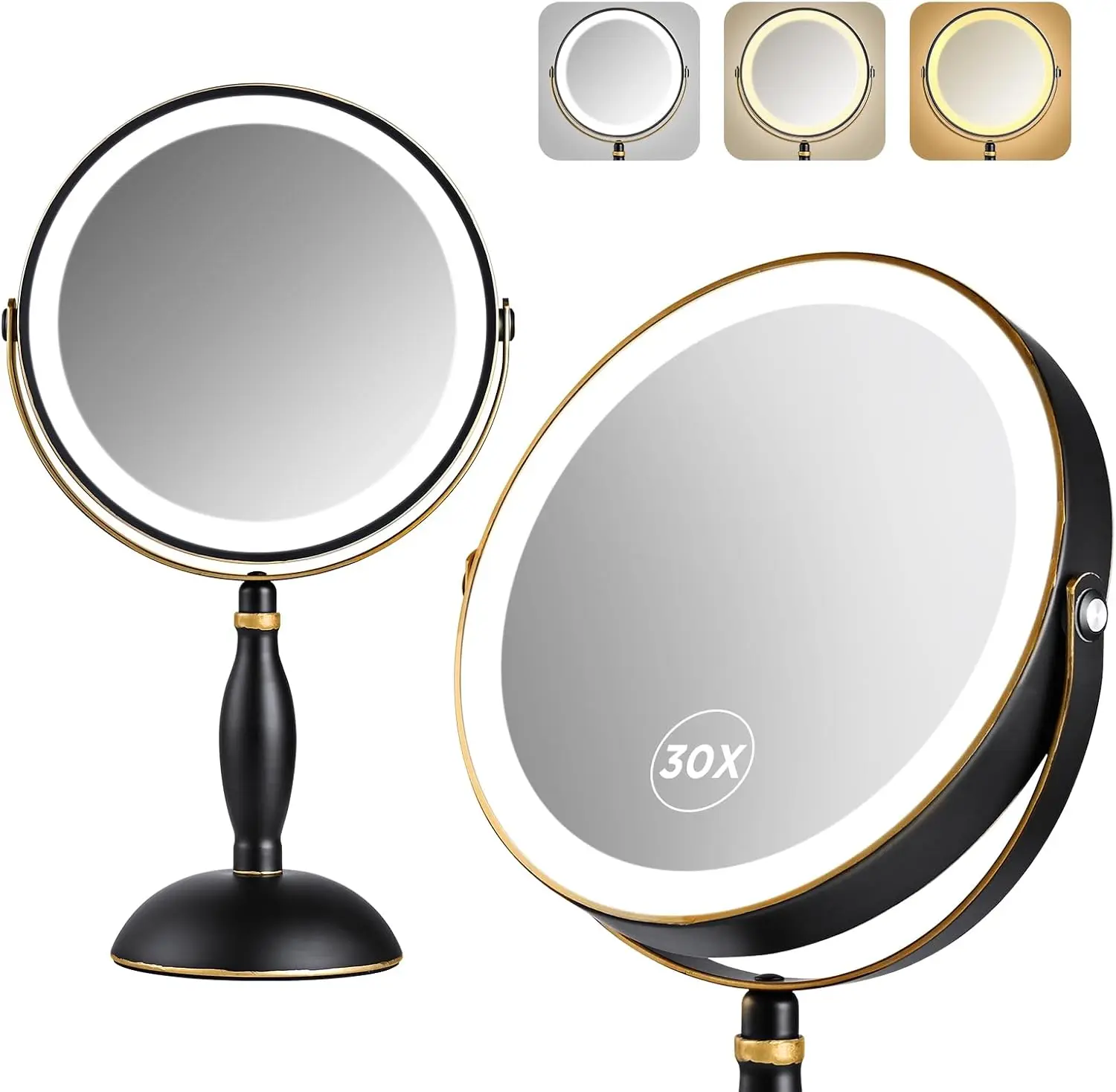 

30X Magnifying Mirror with Light, 3 Colors & Brightness Adjustable, 5000mAh Rechargeable Vanity Mirror, Side Touch + Side Charge, Modern Style