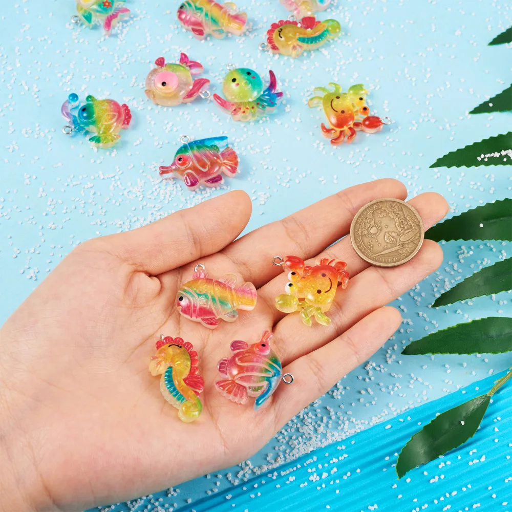 36Pcs Cute Ocean Theme Transparent Resin Pendants Sea Animal Octopus/Sea Horse/Fish/Crab Charms For Earrings Keychain Making