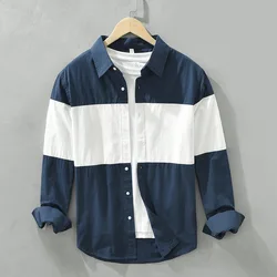 Korean Style Spring Autumn New Men's Cotton 100% Lapel Patchwork Contrasting Colors Shirts Long Sleeve Loose Casual Men Clothes