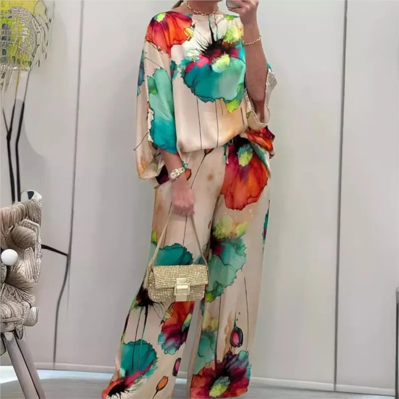 

2025 2 pieces set for woman Summer Fashion Printed Satin Two Piece Sets Women Sexy Round Neck Top+Wide Leg Long Pants Outfits