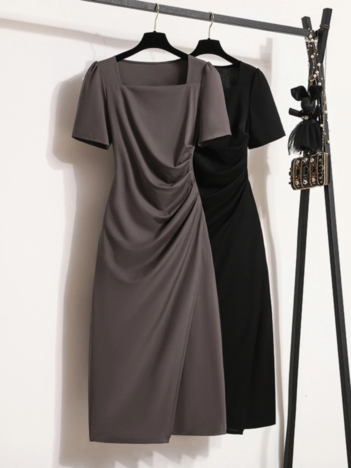 Elegant Square Collar Short Sleeve Dress Summer plus Size Flared Waist Slimming Long Skirt One Step Side Slit Korean Style