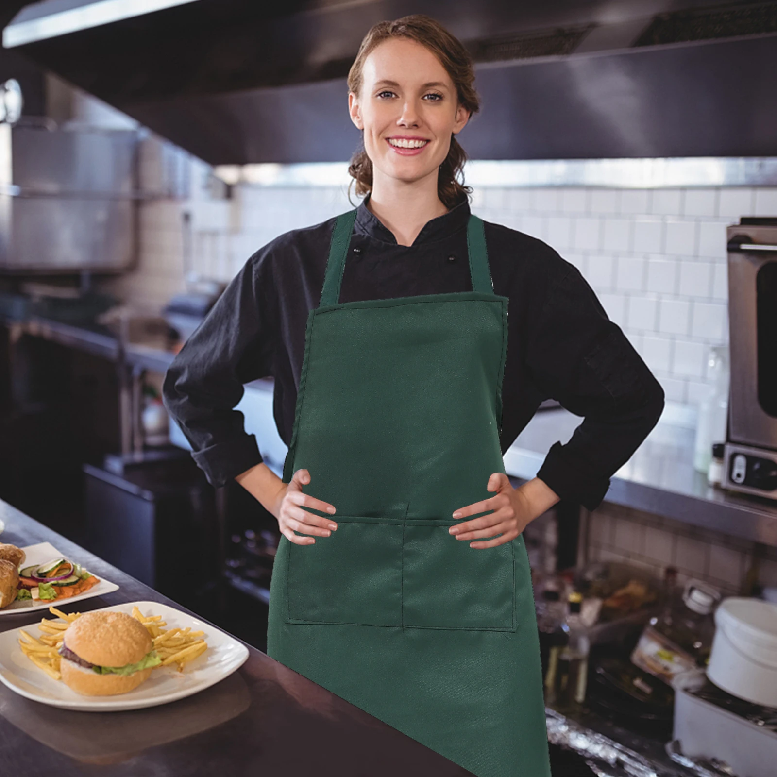 

Adjustable Bib Apron with Pockets Sleeveless Halter Neck Kitchen Easy Clean Protective Aprons for Adults