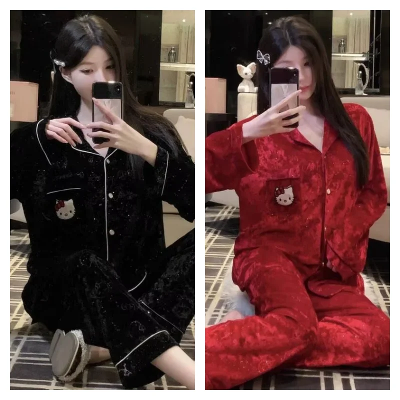 

Hello Kitty Red Pajamas Homewear Set Outfit Wearable Gold Velvet Student Cozy Vibe New Hot Trend Elegant Kawaii Cartoon Pajama