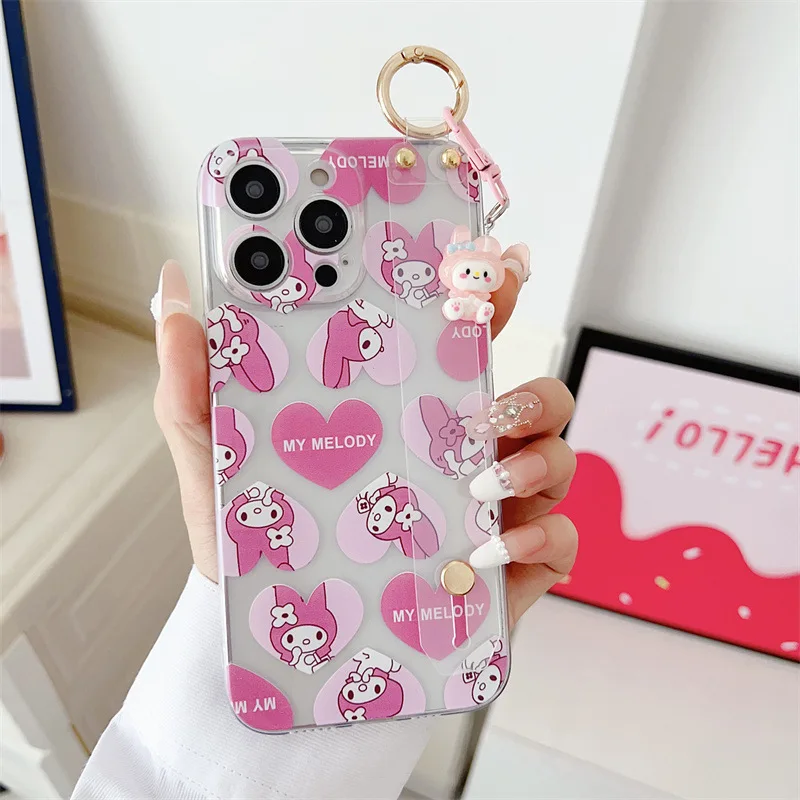 Cute Cartoon Kuromi Melody Phone Case With Clear Strap Lanyard For iPhone 16 15 14 13 12mini 11 Pro Max XS XR X 6 7 8 Plus Cover