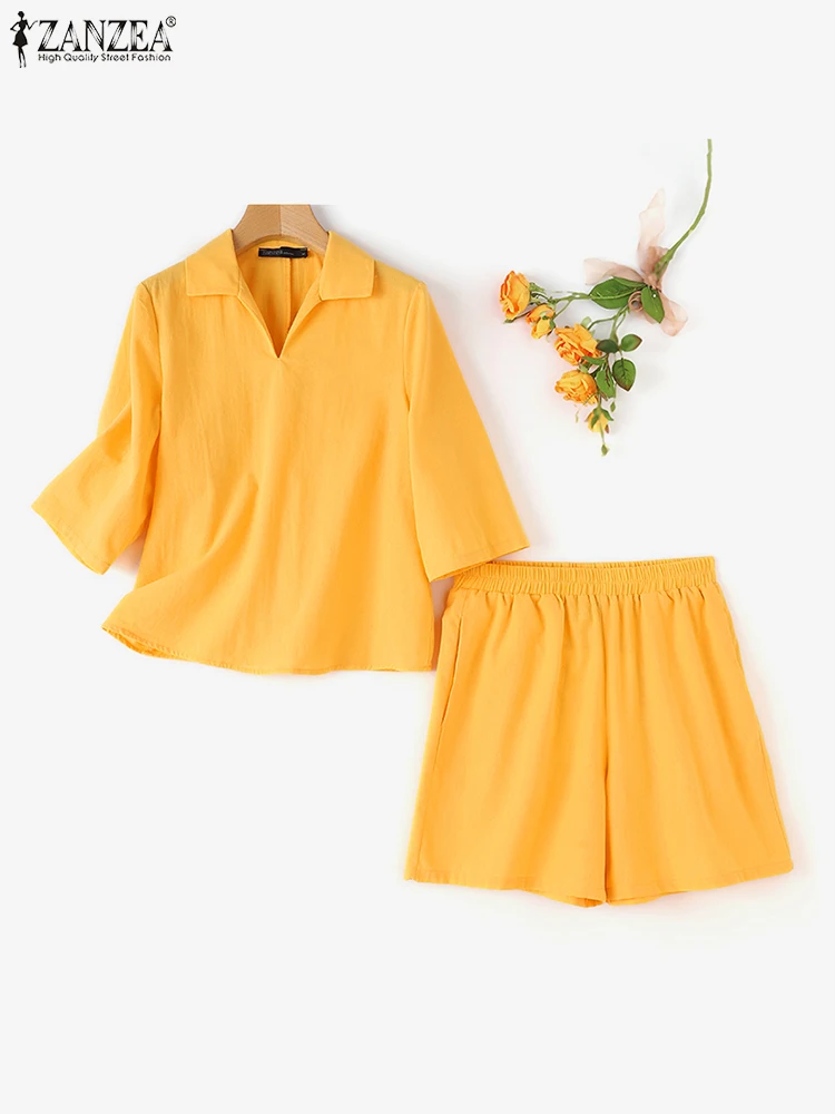 ZANZEA Summer Fashion Solid Tracksuits Short Sleeve V-Neck Blouse Shorts 2pcs Casual Matching Sets Female OL Suit 2024