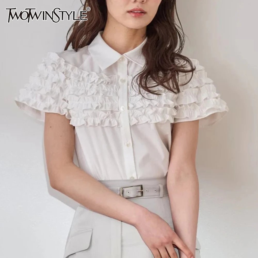 

TWOTWINSTYLE Solid Spliced Ruffles Blouses for Women Lapel Short Sleeve Minimalist Temperament Elegant Dress Female