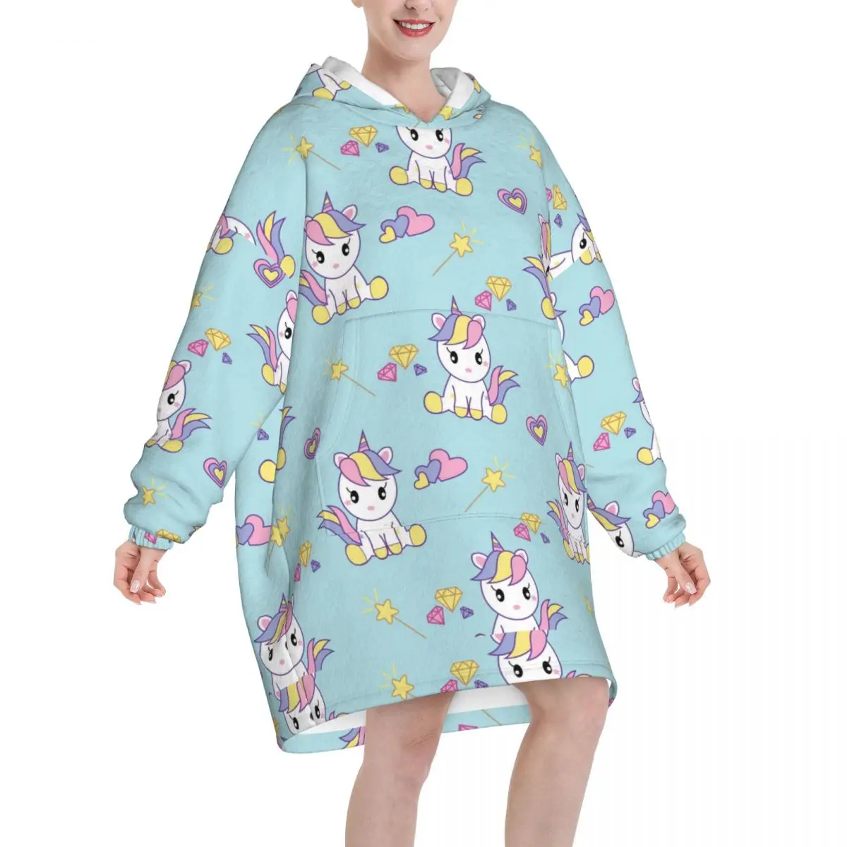 Unicorn Pop Art Collection Magic Design Element Oversized Blanket Hoodie Women Men Wearable Fleece Pullover Soft Warm Cozy