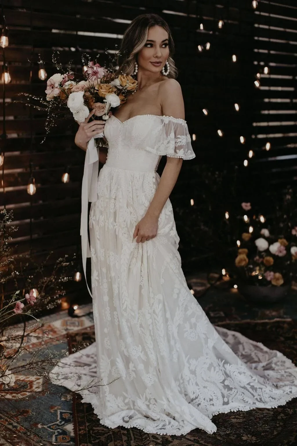 Gaun pernikahan Boho gaun pengantin Bohemian renda Tulle bahu terbuka A-line gaun pengantin gaun pengantin