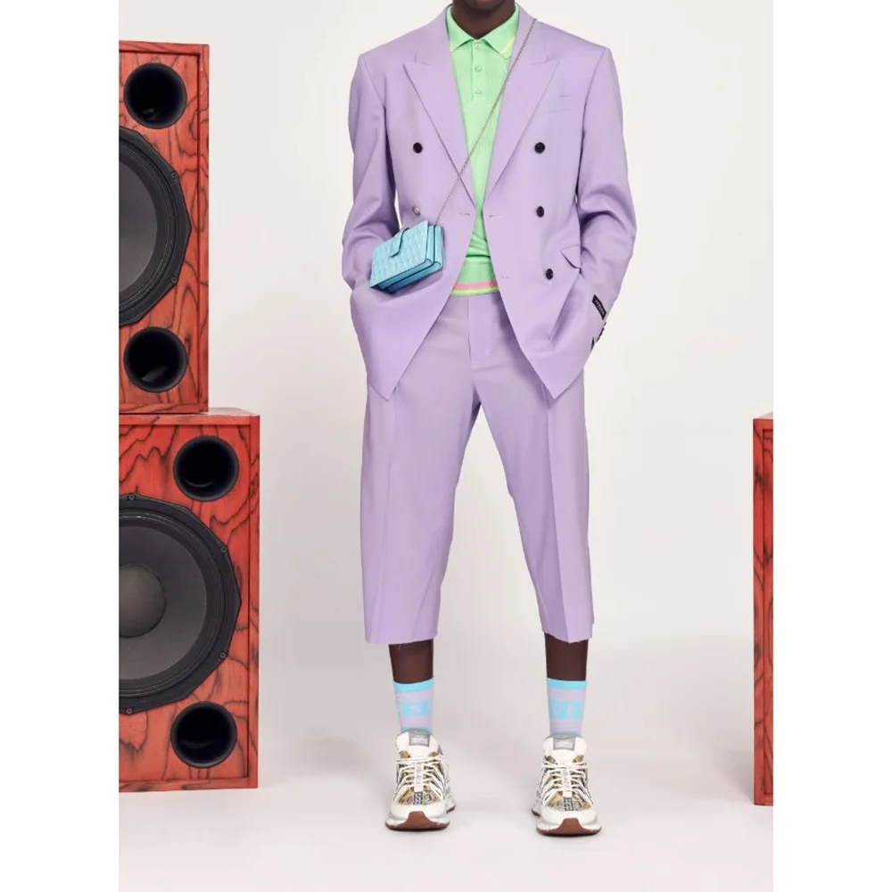 

2025 Summer New Style Double Breasted Peak Lapel Men's Suits 2 Piecs Blazer Capri Pants Casual Daliy Work Commute Male Suit