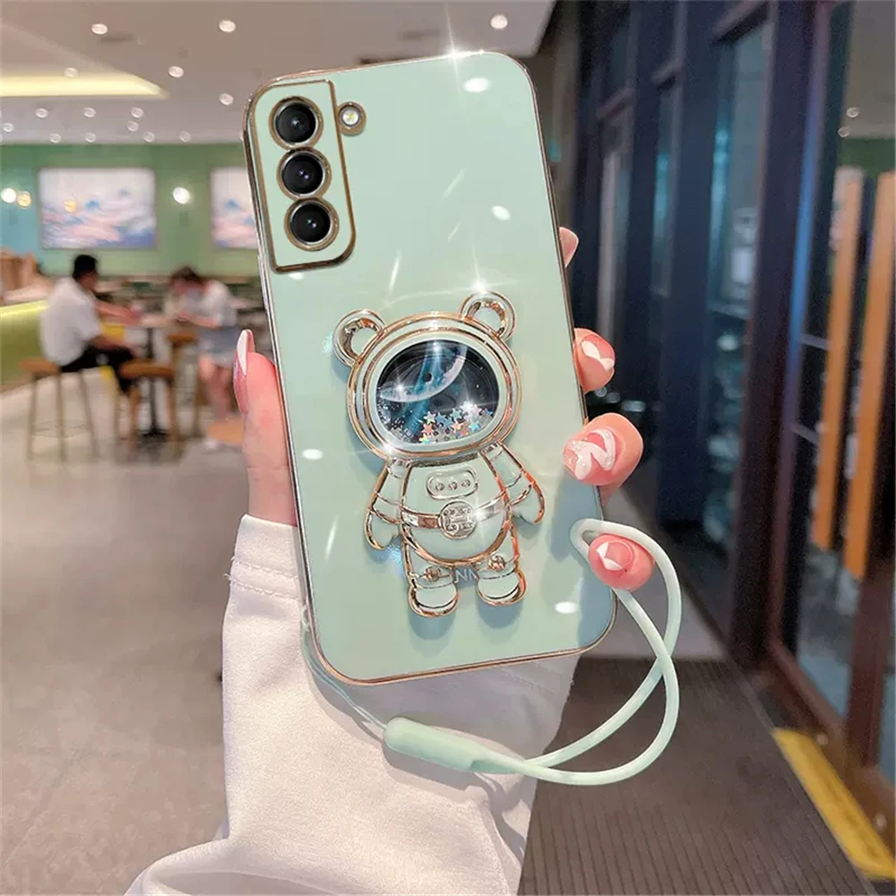 Quicksand Astronaut Bracket Phone Case For Samsung S22 S21 S10 Plus S20 FE Note 20 Ultra S23 Glitter Bear 3D Stand Lanyard Cover