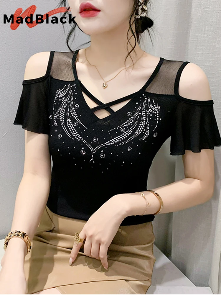

MadBlack Summer European Clothes T-Shirt Sexy V Necks Shiny Hot Drill Women Slim Double Layer Mesh Tops Short Sleeve TeesT34617C