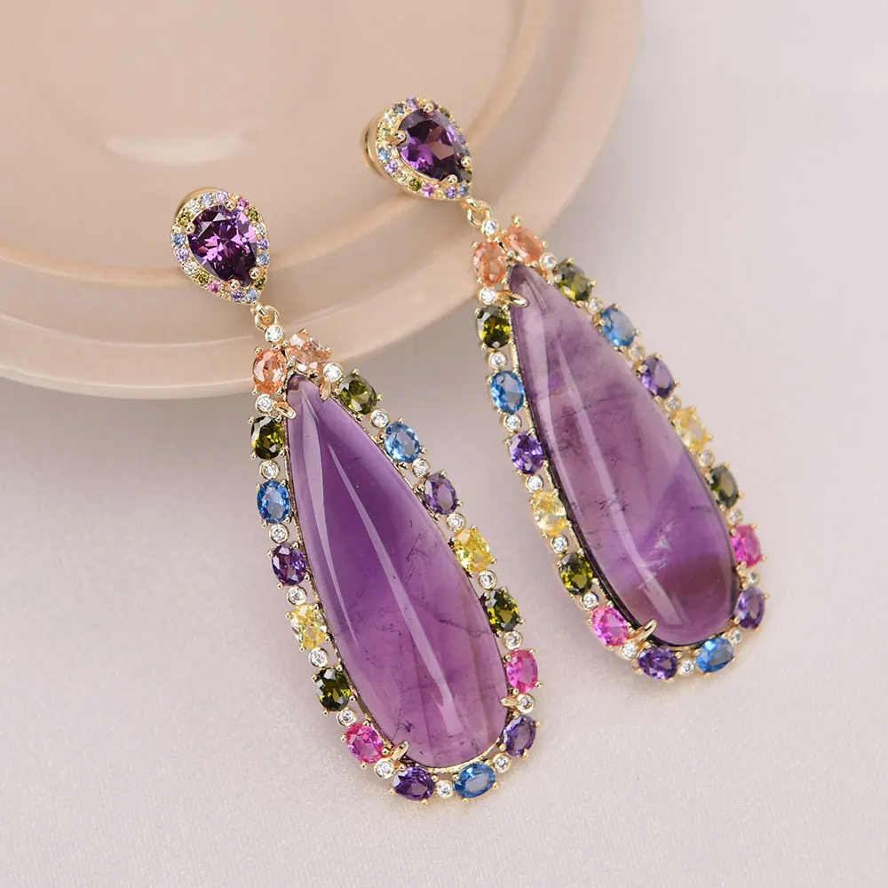 GG Natural Purple Amethyst Quartz Mix Color Crystal Rhinestone Paved Dangle Gold Plated Stud Earrings