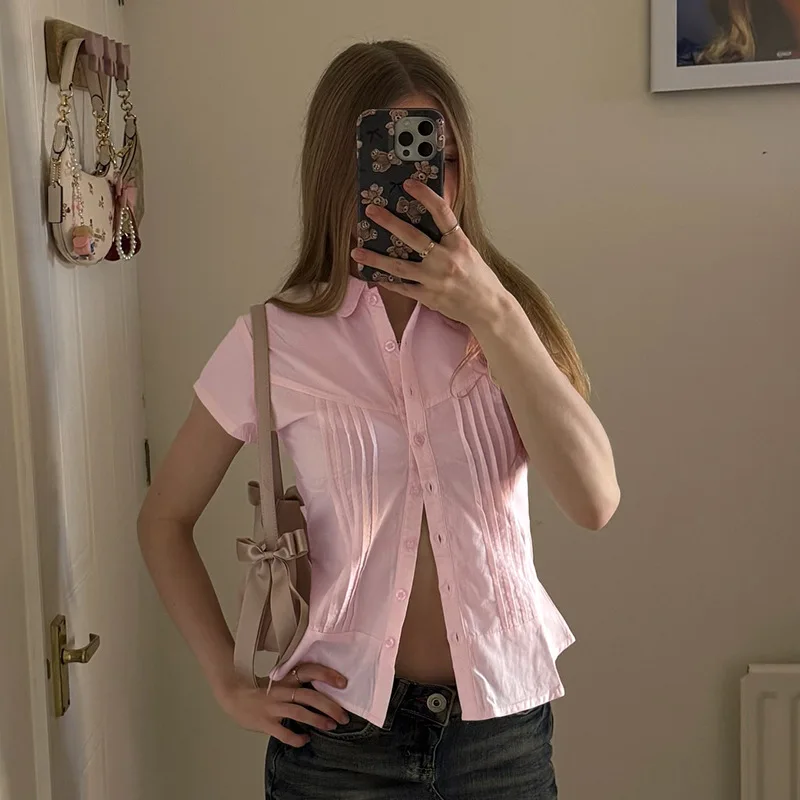 

Pink Folded Waist Shirt Women's Cross border Summer Versatile Slim Fit Buckle Polo Collar Top