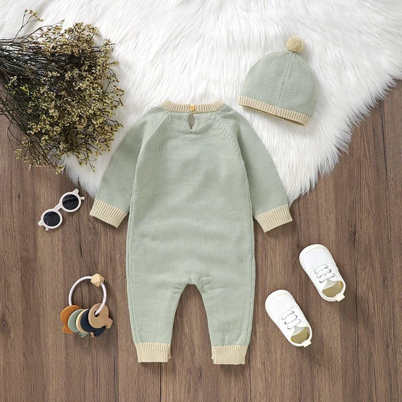 Newborn Baby Romper Knit Infant Girl Boy Jumpsuit Sets Long Sleeve Autumn Toddler Clothes Hats Fashion Letter 0-18M Overalls 2PC