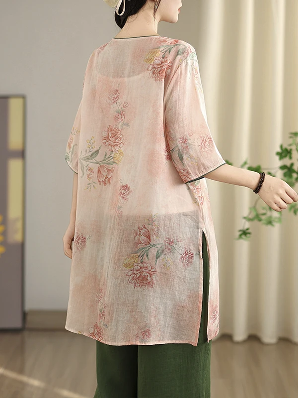 ชุดเดรสผ้าฝ้ายลินินปักลายศิลปะ ทรงเอ ไซส์ใหญ่ กระดุมเฉียง คอกลม แขนยาว ความยาวปานกลาง สไตล์ชุดน้ำชา