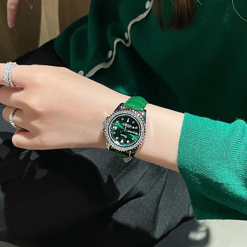 Роскошные брендовые водонепроницаемые часы, классический зеленый циферблат, бриллиантовый Безель, нержавеющая сталь, кожа, женские наручные часы