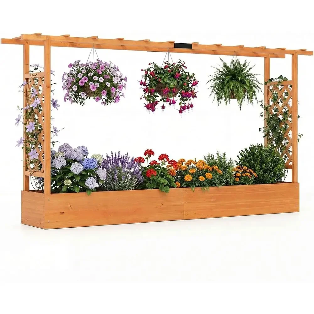 45 Elevated Wooden Garden Bed with Trellis, Hanging Plants, Ideal for Patios and Balconies, Orange