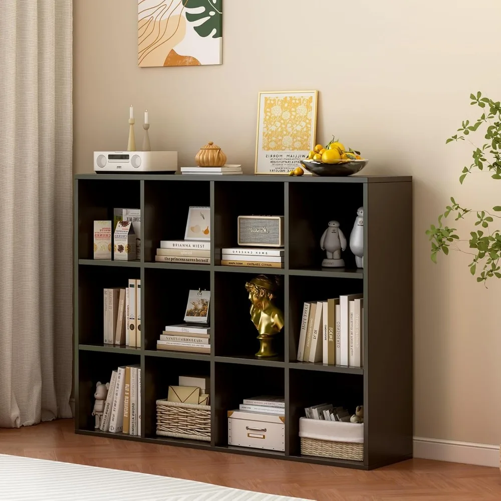 

Bookcases,12 cubic black storage bookshelf, wooden, floor to ceiling open design,Bookcases.