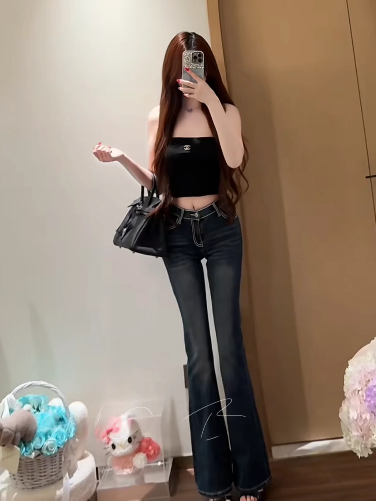 Low Waist Slim Fit Bell Bottom Jeans Korean Style New Model Bright Stitching Decoration Hip Enhancing Long Pants for Women