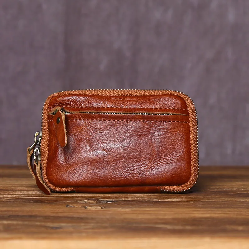 JLFGPJ Handmade Retro Top Layer Vegetable Tanned Cowhide Zipper Small Wallet Men' Genuine Leather Simple Key Bag