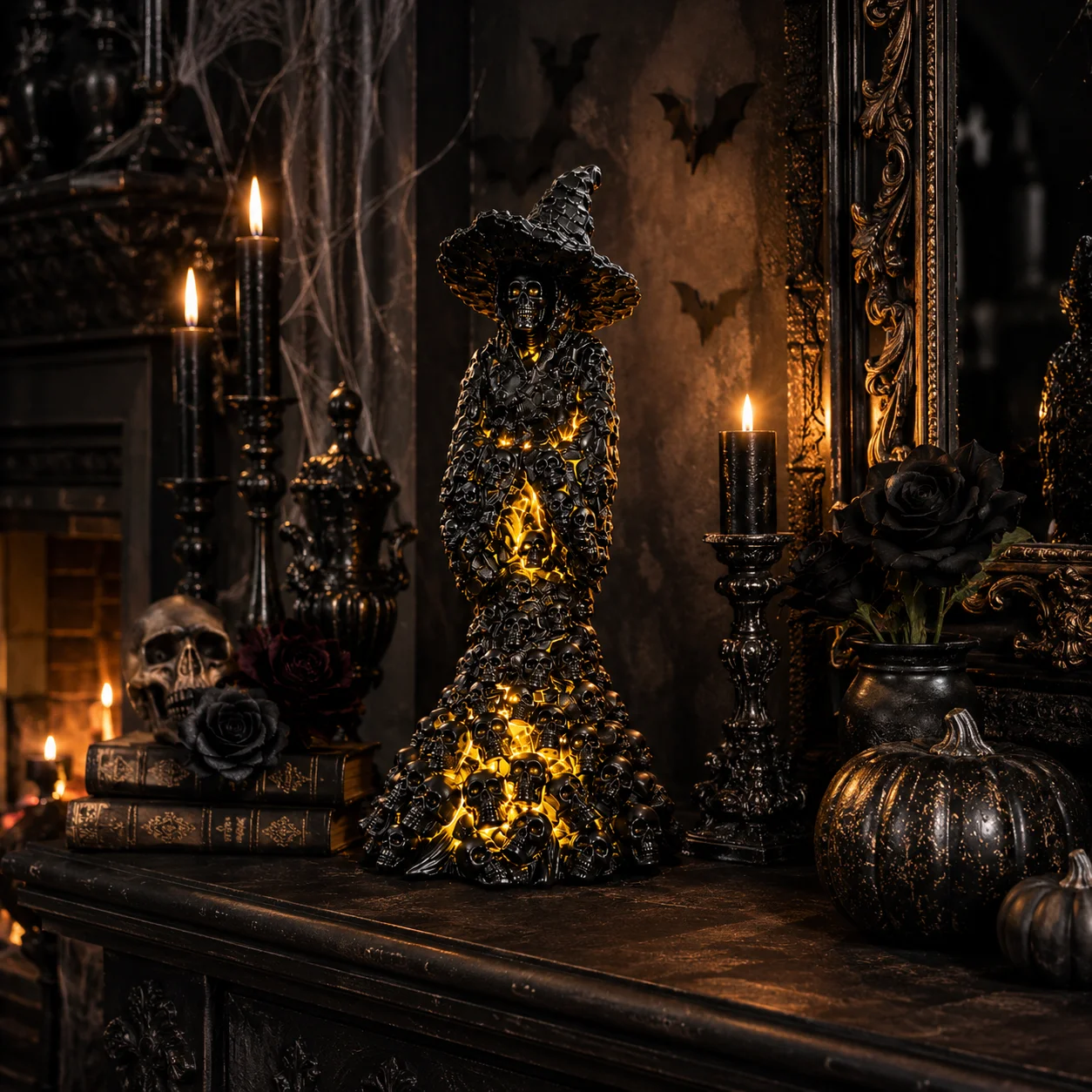 Halloween Skeleton Witch Statue with LED Light Black Resin Skull Witch Figurine Dark Gothic Tabletop Decor for Halloween Party