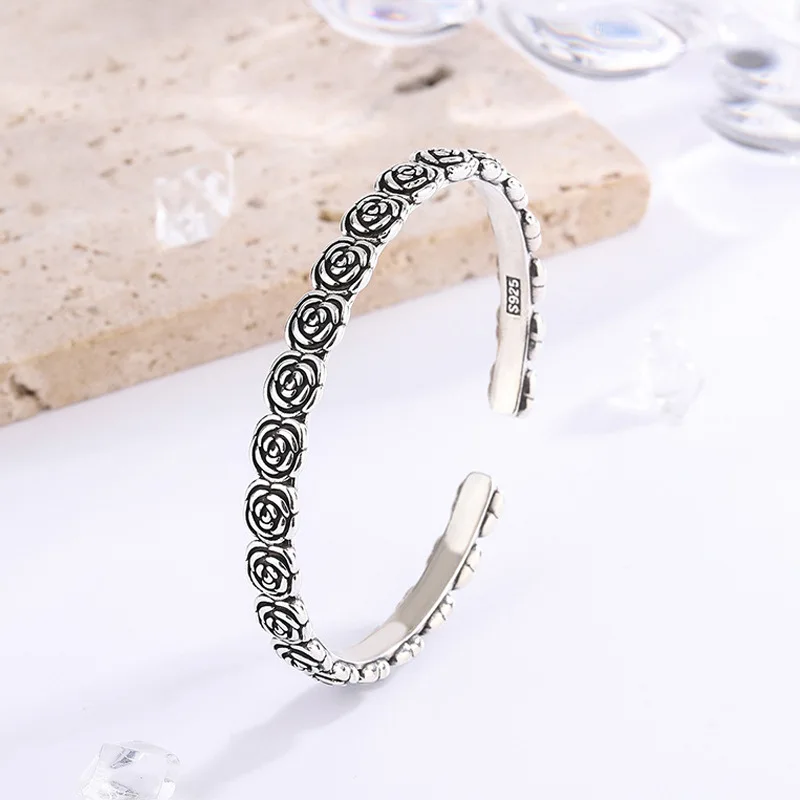 High Quality Vintage Rose Flower Thai Silver Female Bangle Hand Jewellery Accessories For Women New Year Gifts 2023