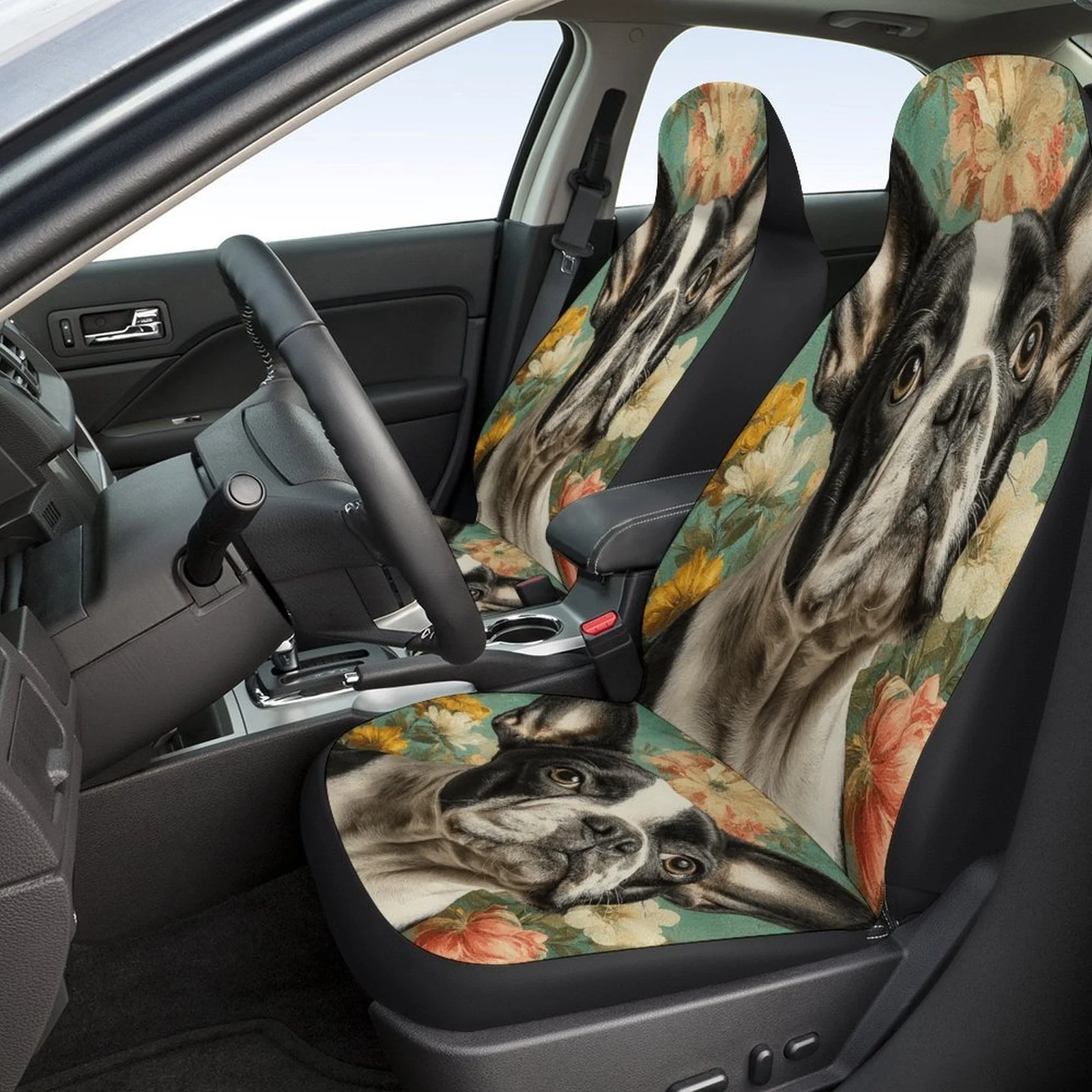 Universal Car Seat Cover Set Featuring French Bulldog Flowers, Suitable For Most Vehicles. This Trendy, High-Quality Full Set In