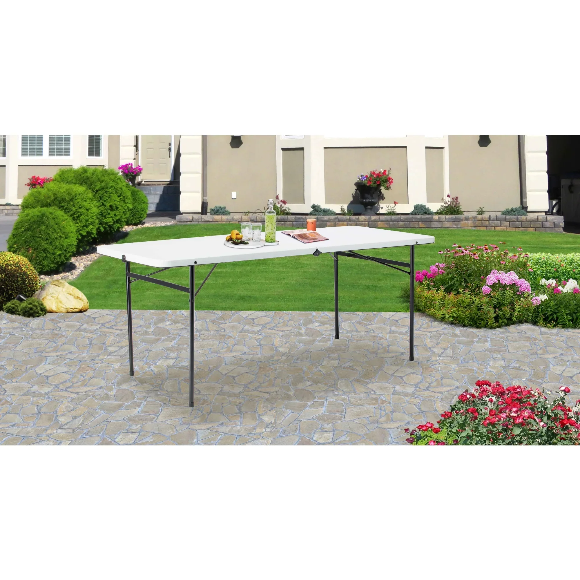 Mesa plegable de plástico plegable de 6 pies, almacenamiento conveniente, color blanco