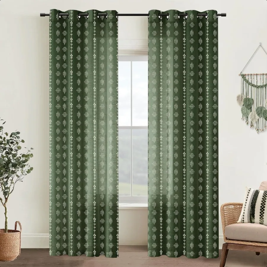 

Olive Green Boho CurtainsSheer Linen Floral Pattern Modern Organic Home Decor Summer Curtains for Living Room Bedroom 84 Inches