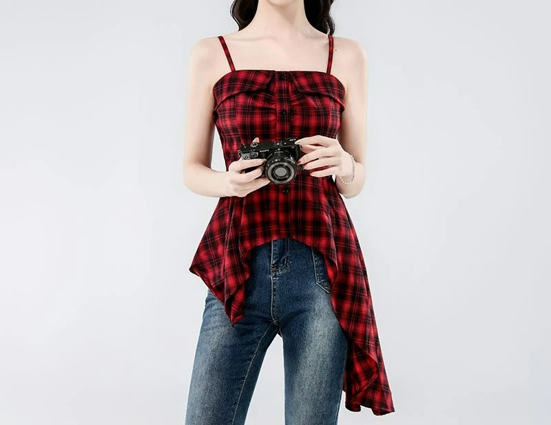 Red Plaid Sling Vest Women's 2026 Summer Design Irregular Streamer Top
