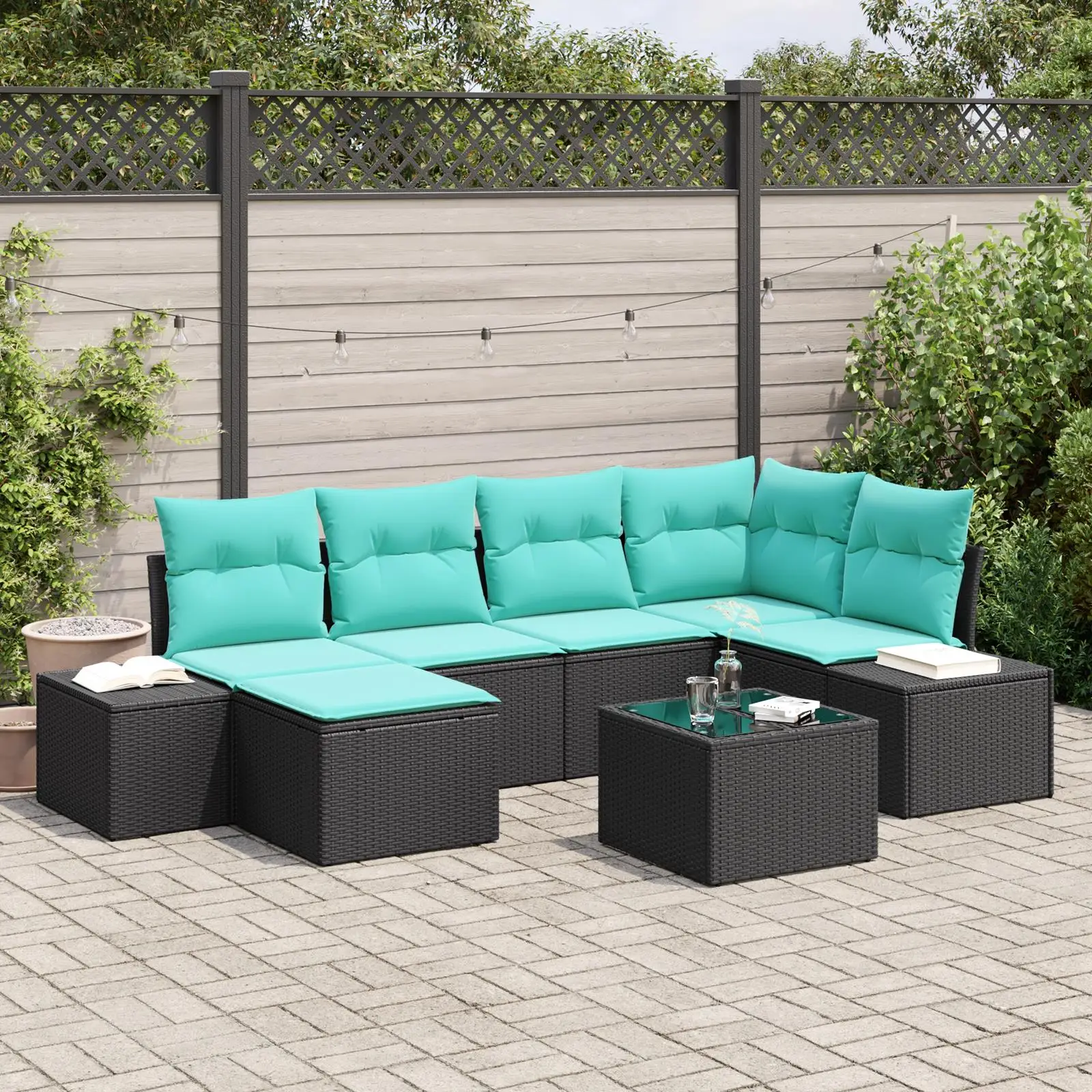 

7 Piece Outdoor Rattan Sofa Set with Cushions Black Garden Furniture Lounge Seating