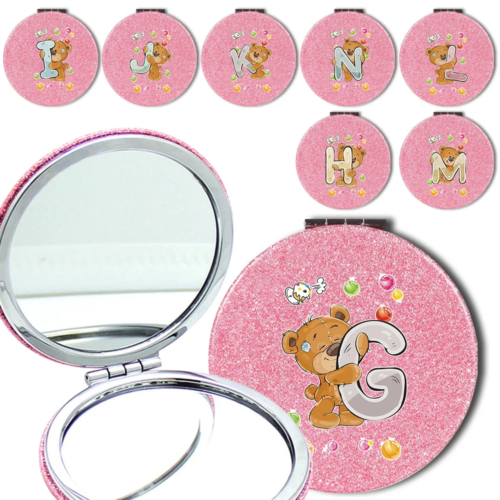 

Portable Flash 2-sided Makeup Mirror Pocket Cosmetic Mirror PU Magnify Foldable Travel Beauty Tool Fashion Bear Letter Pattern