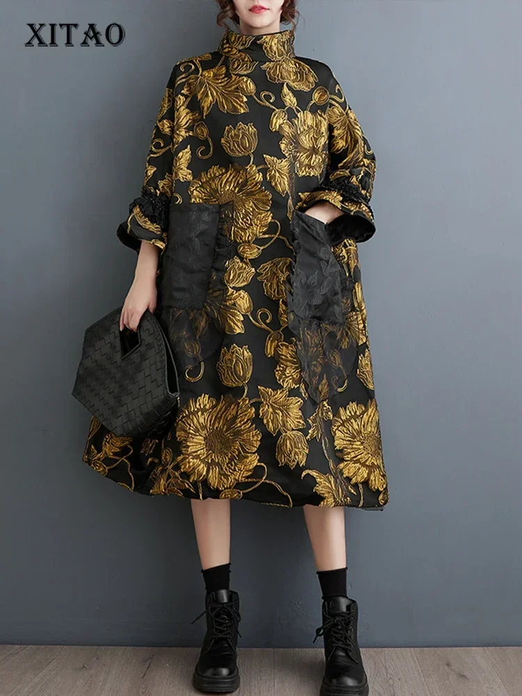 

XITAO Stand Collar Chinese Style Dress Patchwork Temperament Slimming Fashion Trendy Winter Women New Pullover Dress DMJ3310