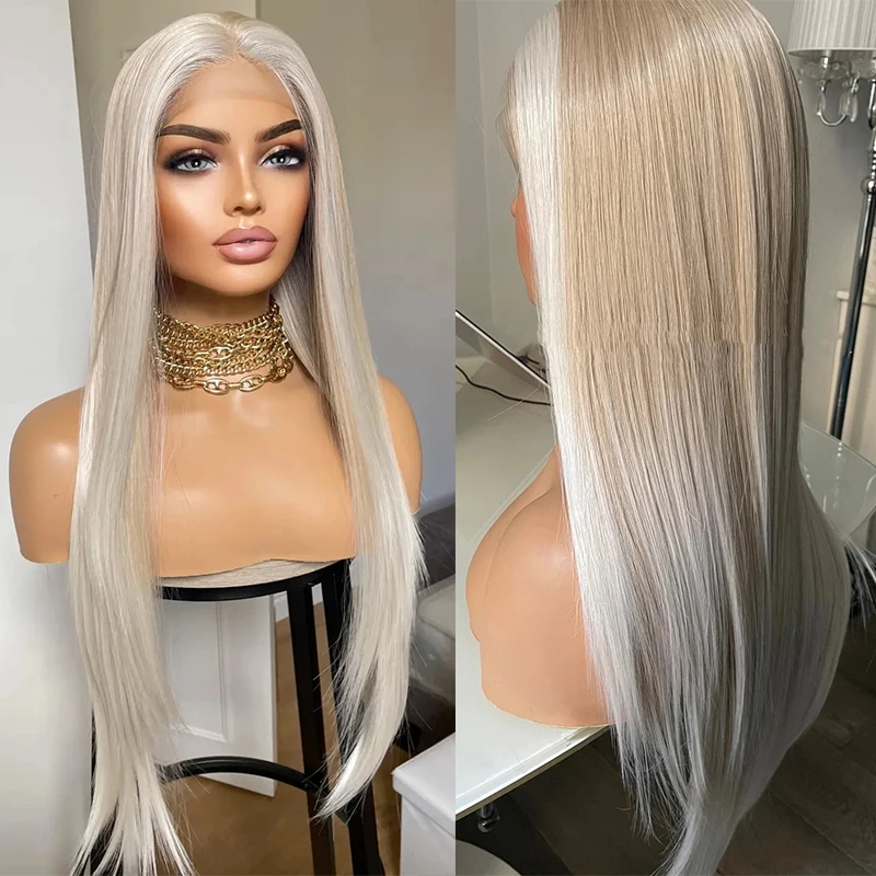 Ash Blonde Lace Front Wig 28 Inch Long Straight Synthetic Hair Pre-Plucked Hairline Easy to Install Lightweight Breathable