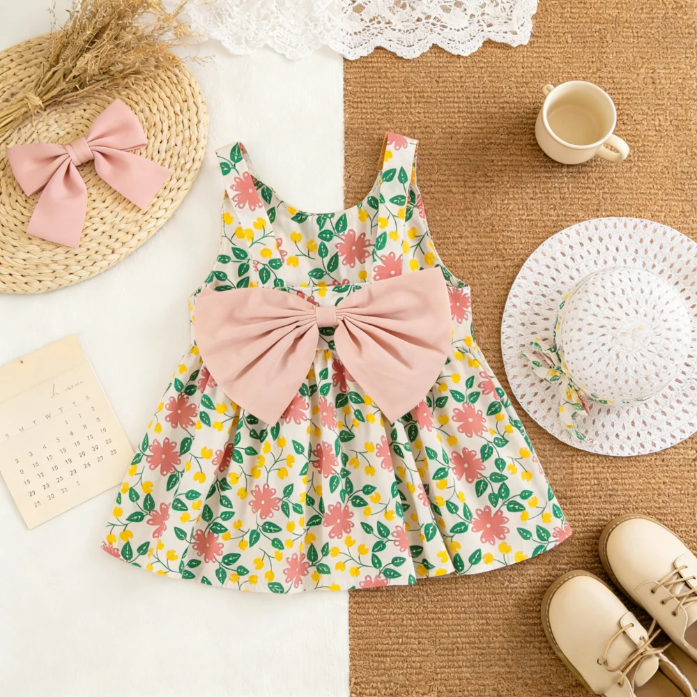 Baby Girls' Dress Summer Floral Bow Strap Girls' Dress Cute Beach Baby Dress Baby Girl Clothing