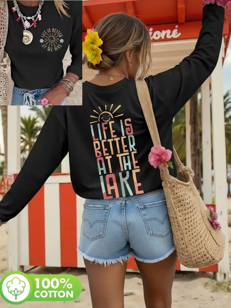Trendy 100% Cotton Long Sleeve T-Shirt Motivational Letter Print Graphic Casual Round Neck Women'S Top Tee for Fall Winter