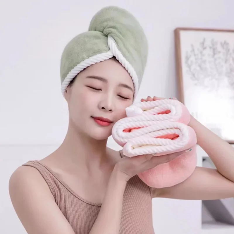 Double-Layer Thick Absorbent Dry Hair Cap Coral Velvet Two-Tone Quick-Dry Towel Shower Cap Super Soft Girl Turban with Buttons
