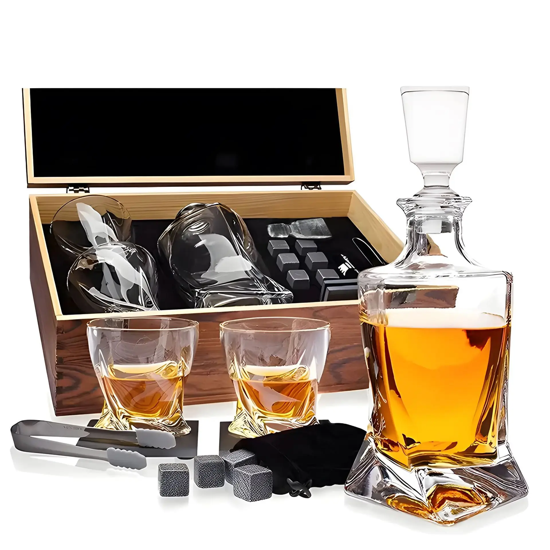 Set of 3 Pcs Bourbon Decanter Set,whiskey Decanter Set with Glasses ,ice stone adn wooden gift box