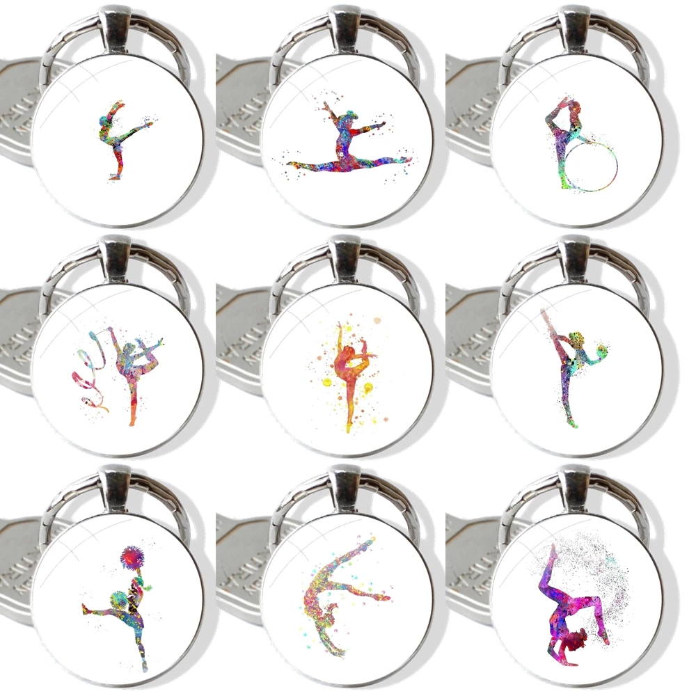 Gymnastics water color Glass Metal Pendant Key Chain Classic Men Women Key Ring Accessories Jewelry Gifts