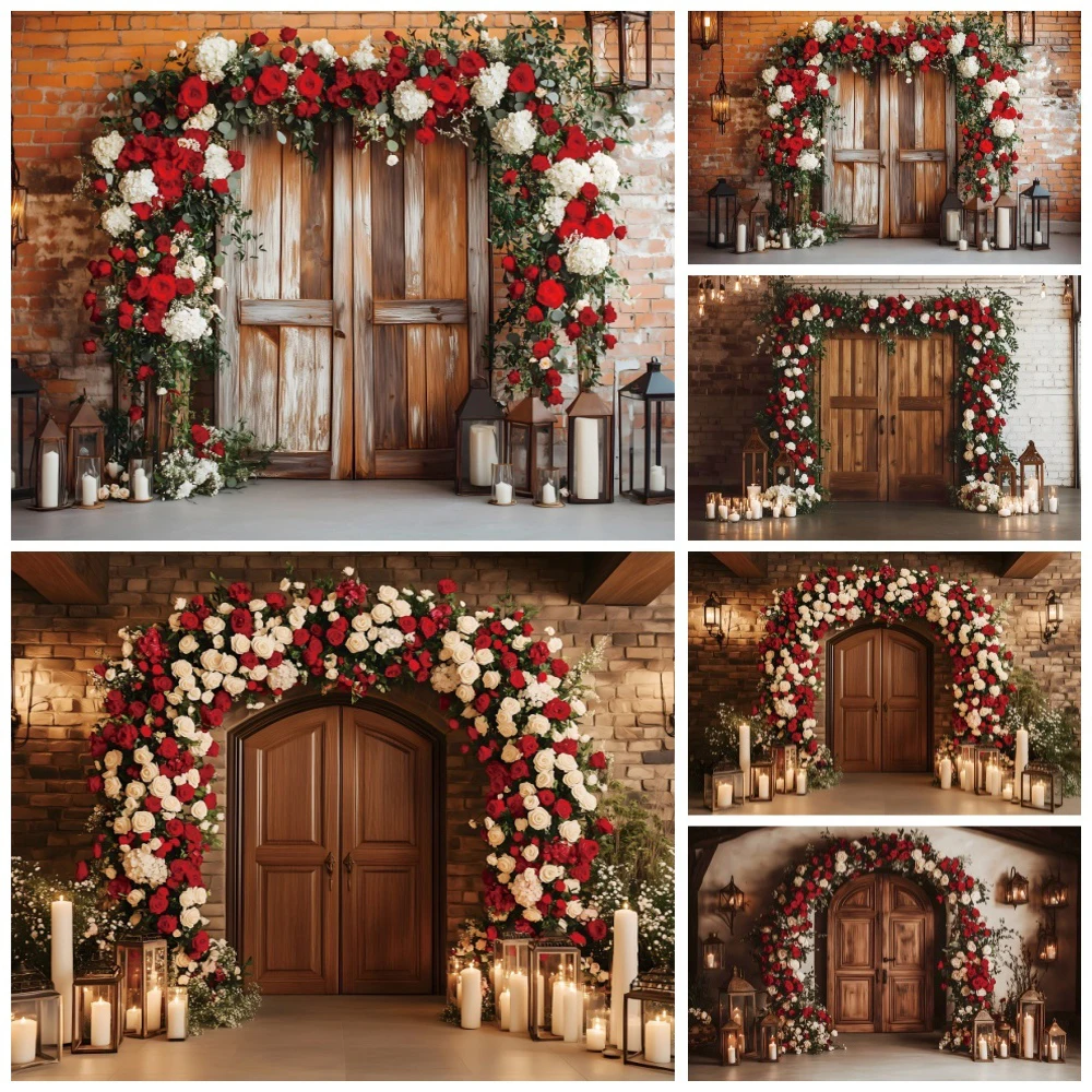 

Vintage Valentine's Day Photography Backdrop Feburaury 14th Romantic Flowers Brick Wall Wooden Door Portrait Photo Background