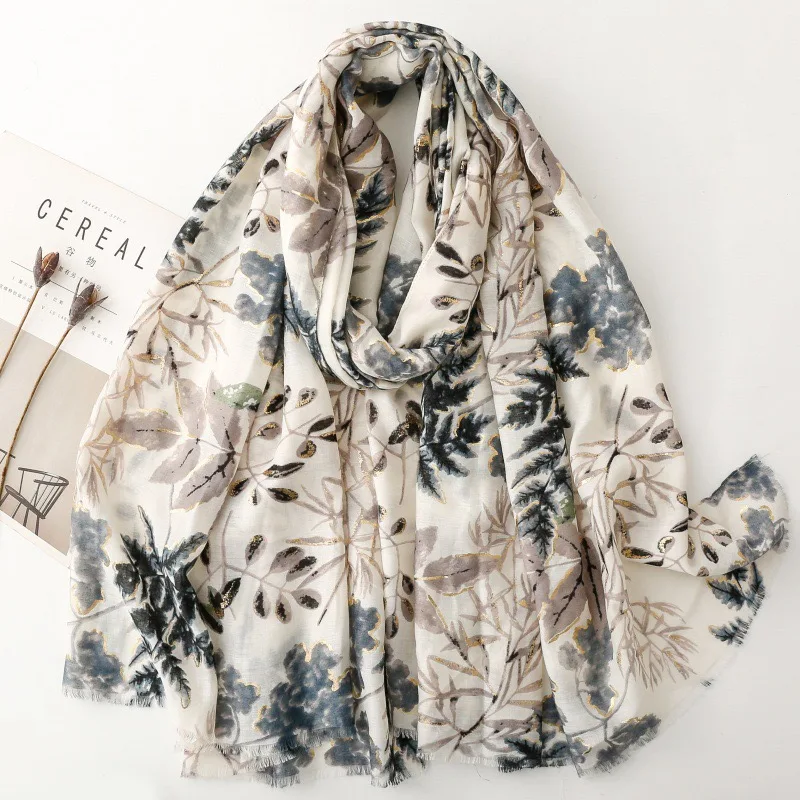 

Winter Lurex Leaf Floral Fringe Cotton Viscose Shawls Scarf Lady High Quality Wrap Pashmina Stole Bufandas Muslim Hijab 180*90Cm
