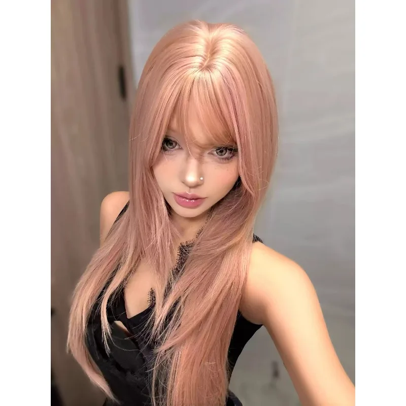 Layered Dusty Pink Long Straight Wig 79cm with Bangs High Temperature Fiber Wig for Women Idol Look Daily Wear Cosplay Party