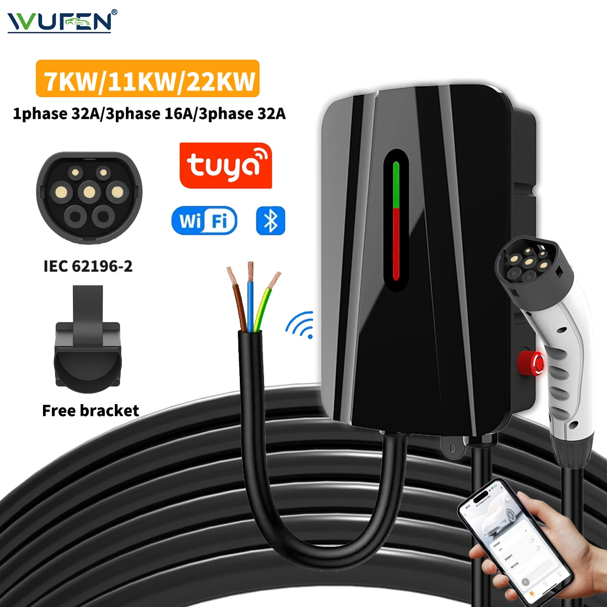 

WUFEN 22KW 32A 3-фазная зарядная станция для электромобилей Type2 IEC62196-2 Автомобильное зарядное устройство для электромобилей 7/11KW EVSE Wallbox WIFI Управление через приложение