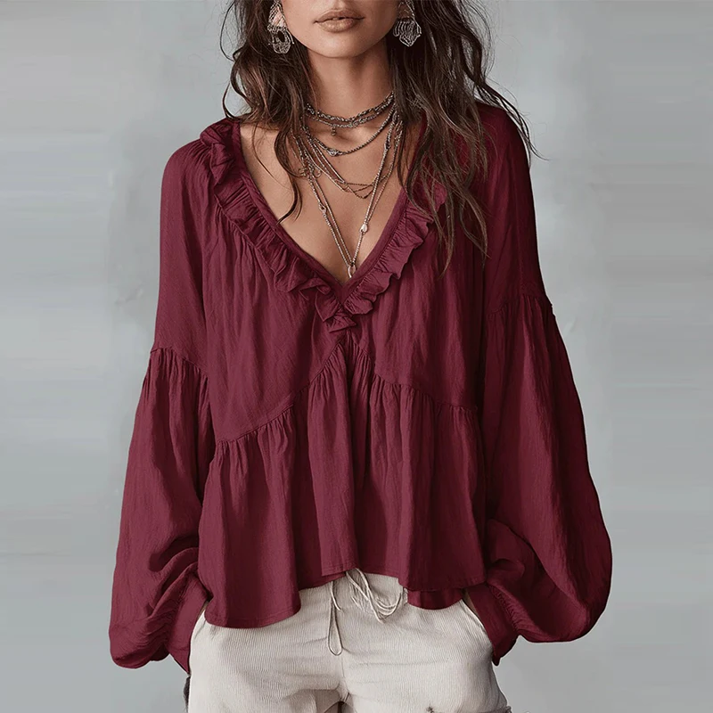 

Elegant Women Shirt V Neck Loose Casual Ruffle Design Long Sleeve Blouses Women Spring Summer Office Commute Pullover Blouse