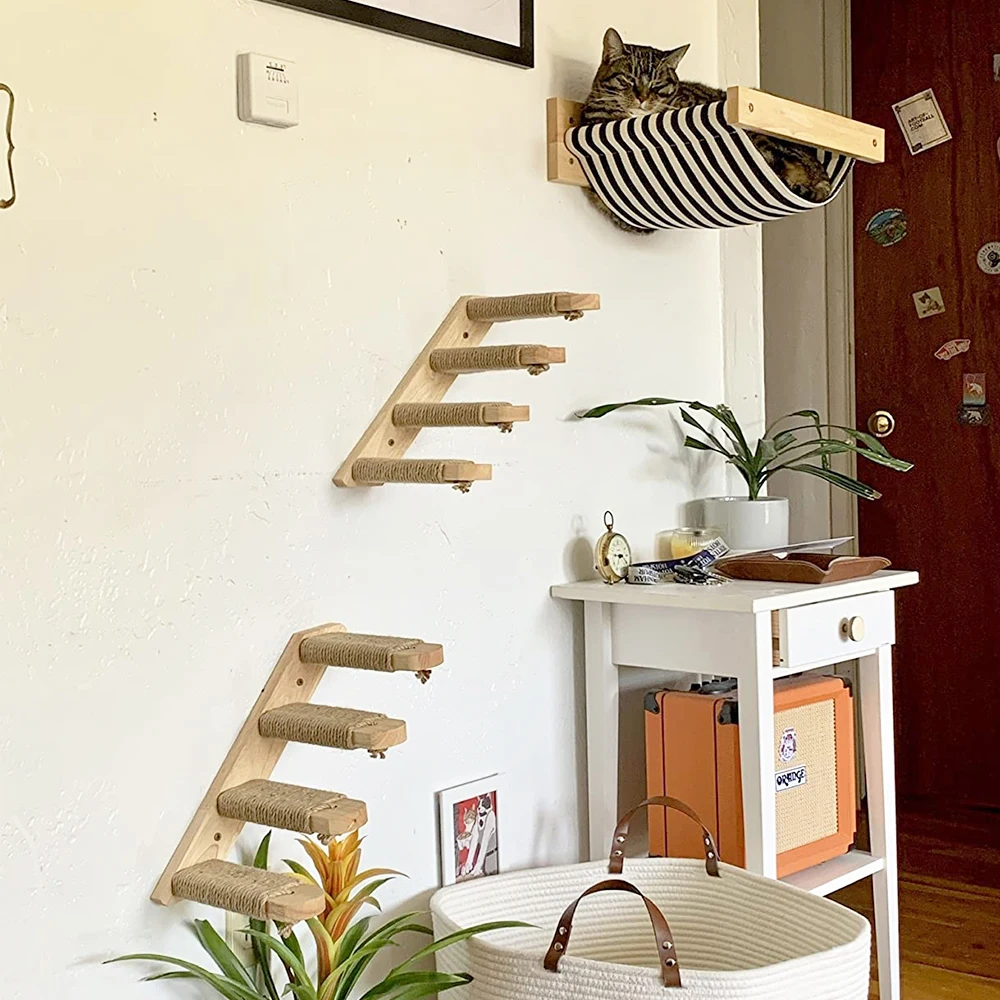 Estante de escalada para gatos, escalera de cuatro escalones montada en la pared con poste rascador de Sisal para gatos, torre de árbol, plataforma, muebles para saltar para mascotas