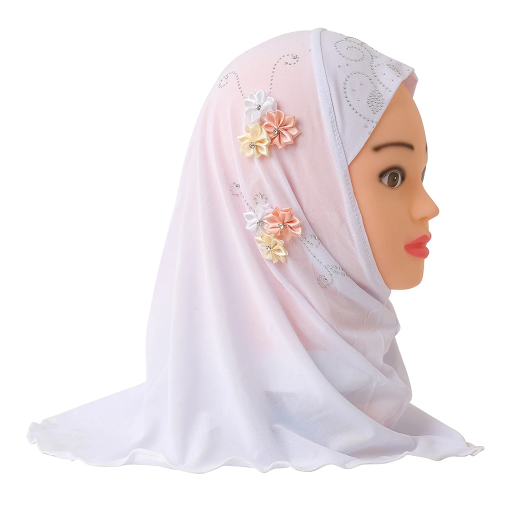 H075 Fit 2-5 years old small girl cute hijab cap with flower beautiful muslim scarf islamic headscarf hat amira pull on headwrap